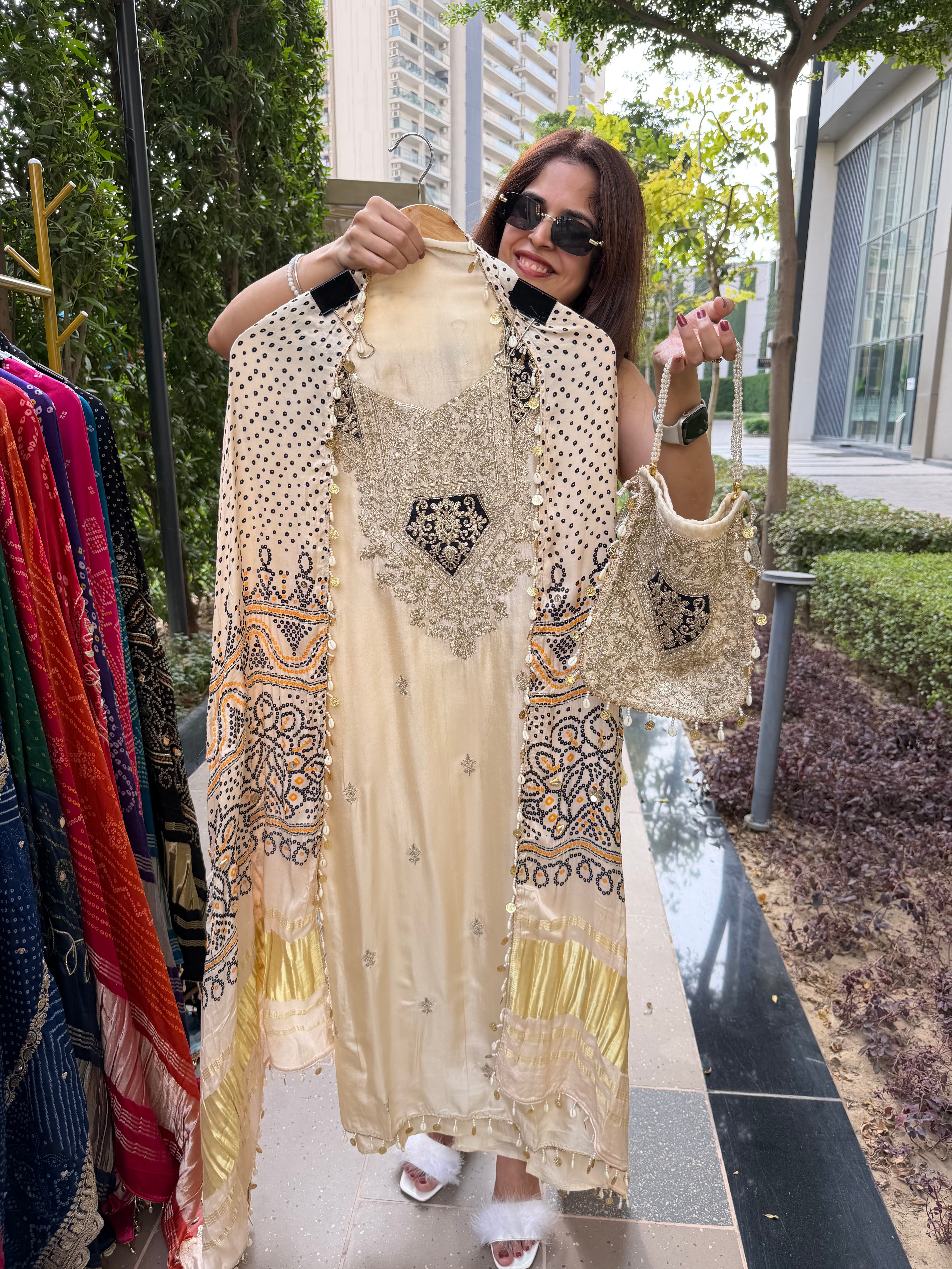 Gaji Silk suit fabric with Bandhini Print Dupatta - Ivory