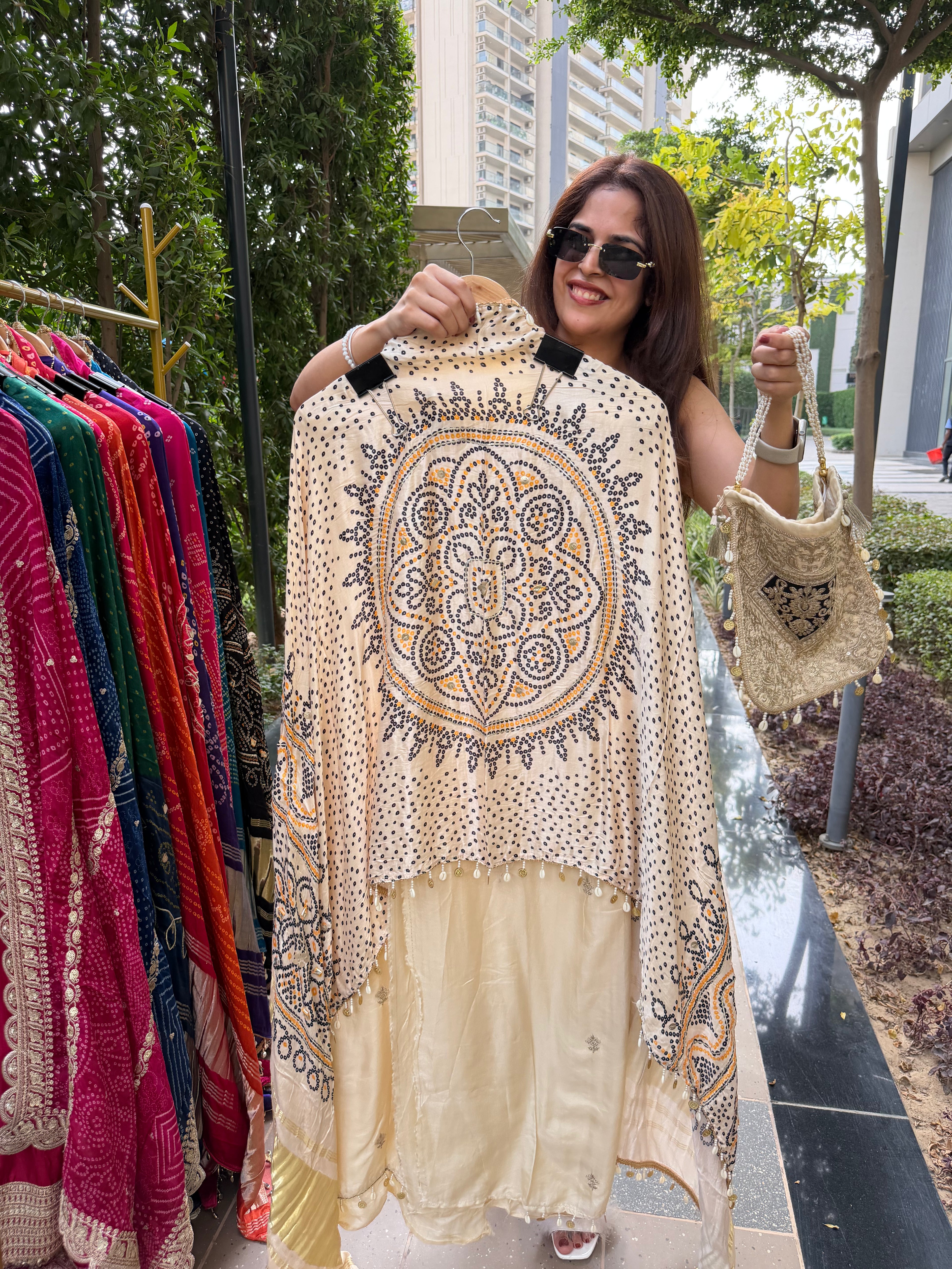 Gaji Silk suit fabric with Bandhini Print Dupatta - Ivory