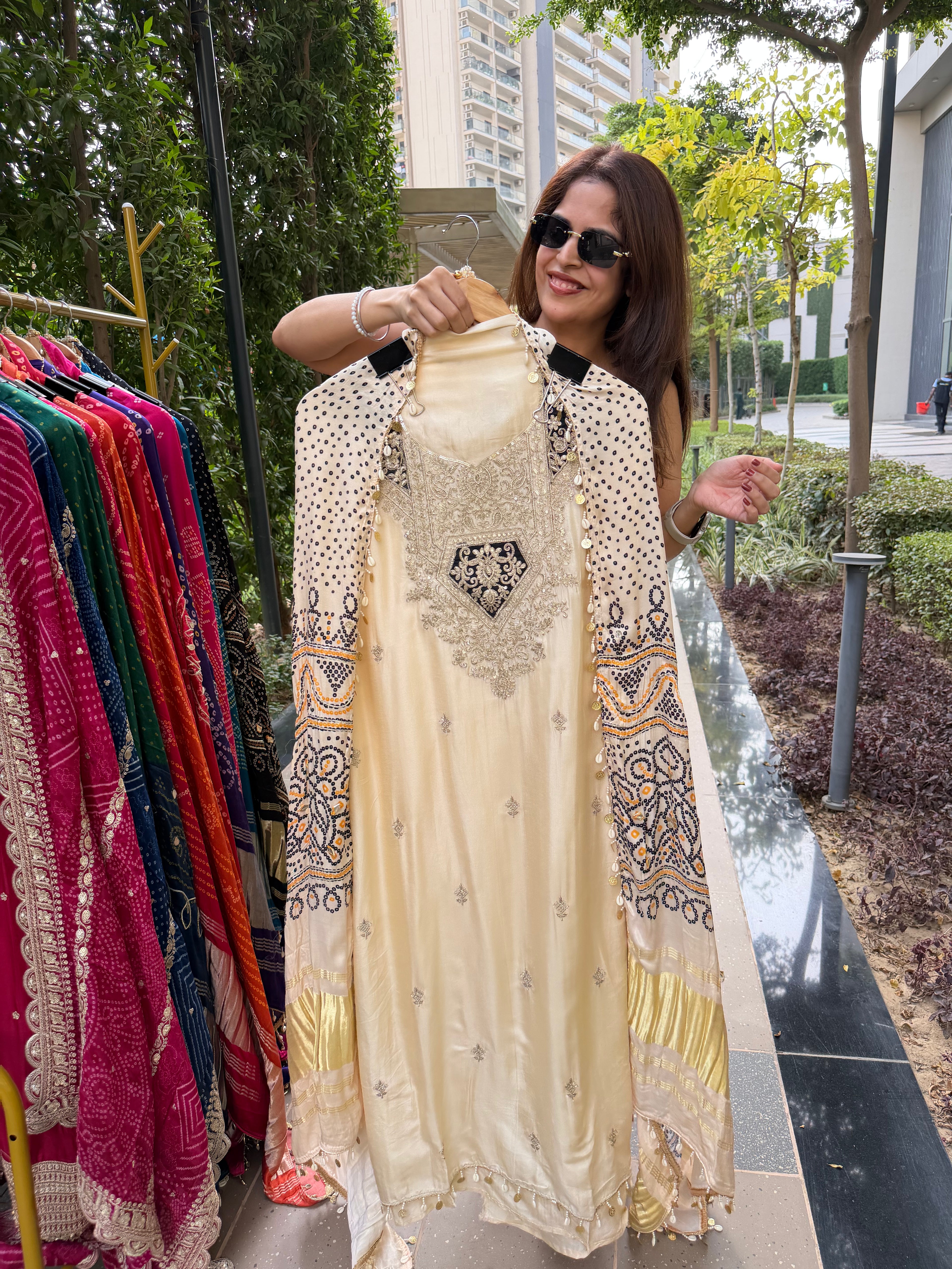 Gaji Silk suit fabric with Bandhini Print Dupatta - Ivory
