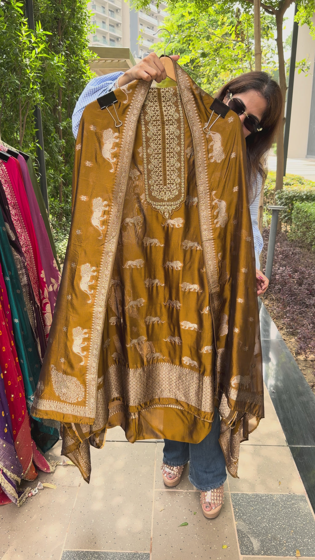Sabyasachi logo tissue silk suit fabric - Golden