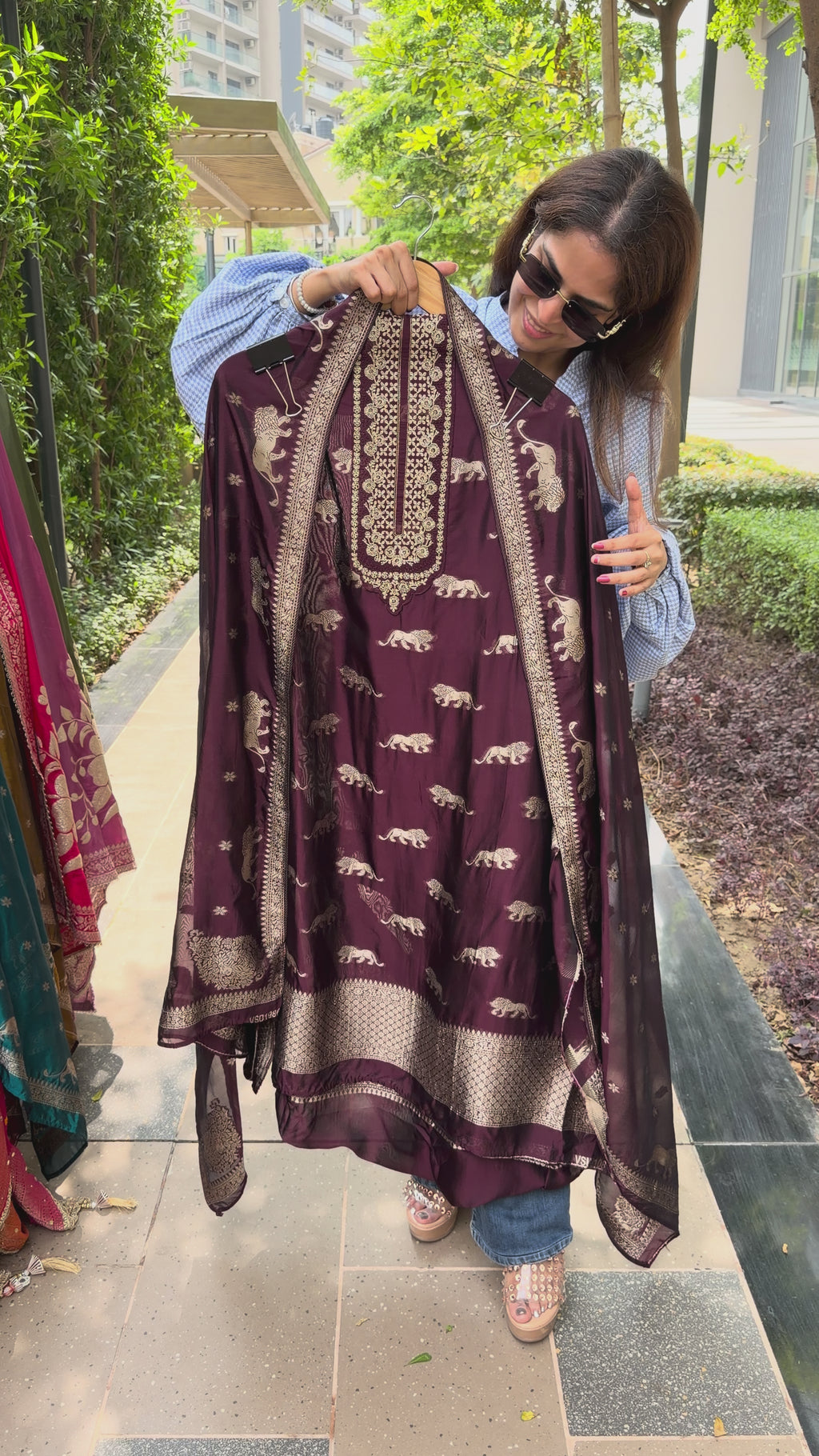 Sabyasachi logo tissue silk suit fabric - Wine/Burgundy