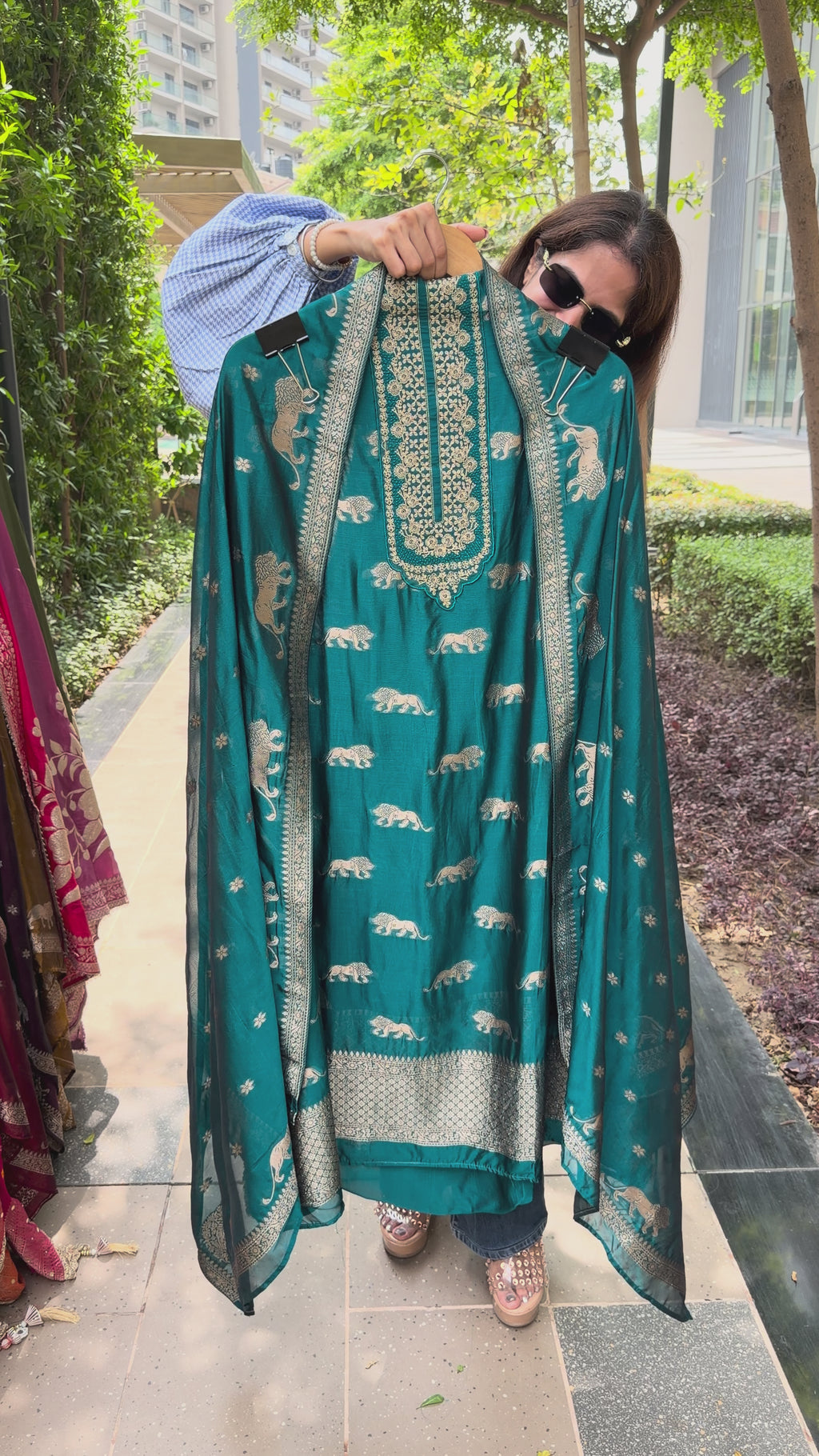 Sabyasachi logo tissue silk suit fabric - Blue