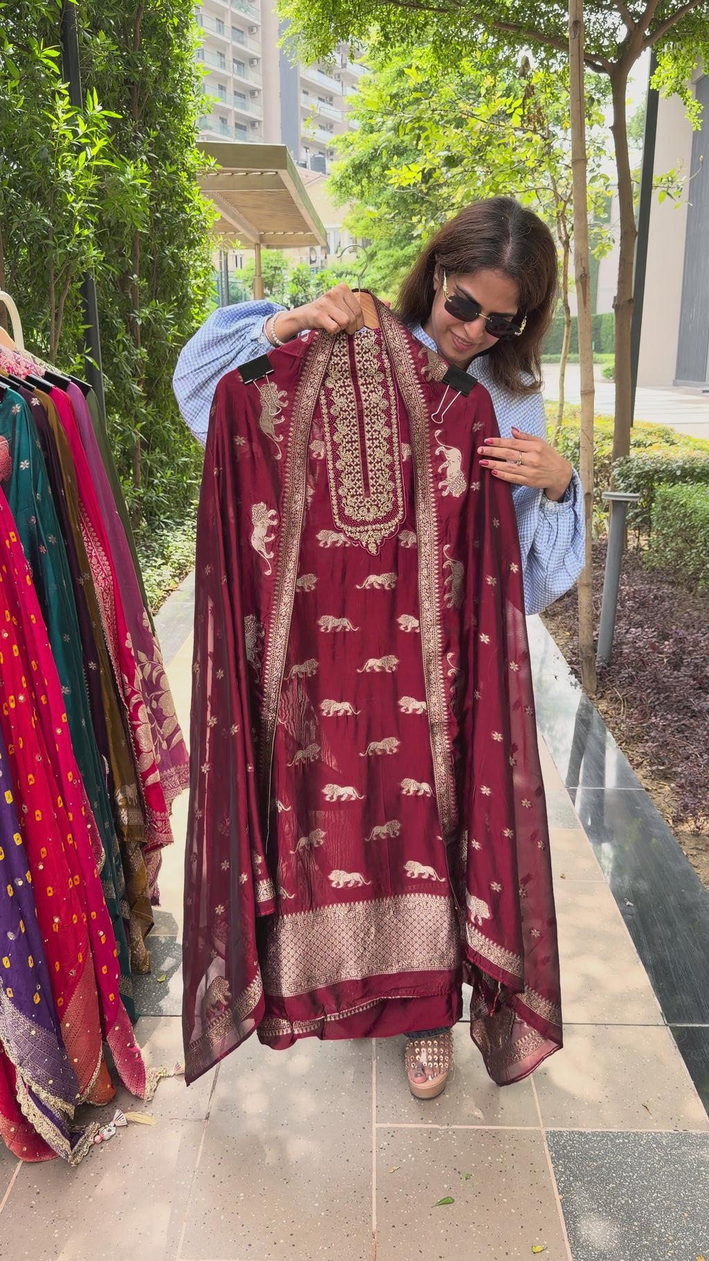 Sabyasachi logo tissue silk suit fabric - Maroon
